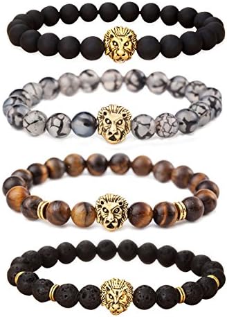 JILIN Unisex Mens Bracelets Set - Lava Rock Black Matte Agate Dragon Vein Agate Tiger Eye's Stone Beads Bracelet, Gold &amp; Silver Plated Lion Head (Gold Lion)