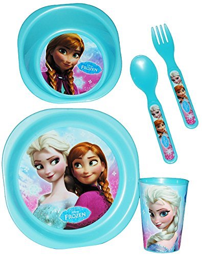 5 tlg. Set Geschirrset - " Disney die Eiskönigin - Frozen " - aus Plastik / Kunststoff bruchsicher - Trinktasse + Teller + Müslischale + Besteck - völlig unverfroren Prinzessin Elsa Anna Arendelle - Olaf - Frühstücksgeschirr - Geschirr / Mädchen Kindergeschirr