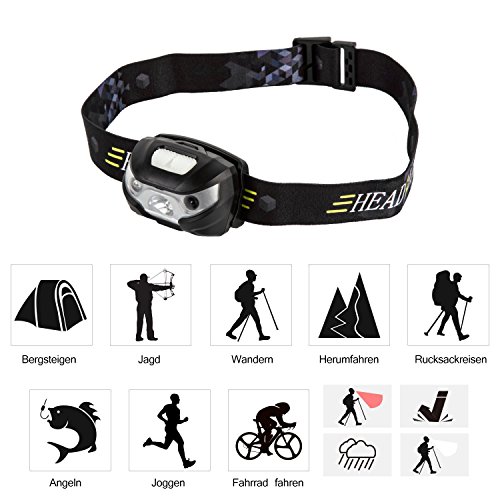 Duomishu Stirnlampe Wasserdicht USB Wiederaufladbare LED Kopflampe mit Handbewegung IR-Sensor Super Helle 3 Modi mit Sensor perfekt für Radsport Camping Wanderung Abenteur Jagd und die anderen Betätigungen im Freien, inklusive ein USB Kabel - 4