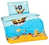 Aminata Kids – Kinderbettwäsche Bettwäsche Kinder 100×135 cm Baumwolle Jungen Pirat Piraten Seeräuber Piratenschiff Schatzinsel Piratenflagge Schatz Schatzkarte Schatzkiste blau Kleinkind KINDERGRÖSSE - 2