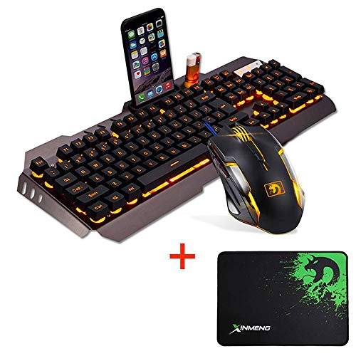 UrChoiceLtd Tastiera da Gioco Mouse Set Tecnologia M398 Tastiera Retroilluminata Cablata Tastiera in Metallo Impermeabile + Cablata 2000 DPI 6 Pulsanti Mouse Retroilluminato con Mouse USB + Mouse Pad