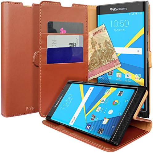 BlackBerry PRIV Case, Profer [Stand Feature] Luxury PU Leather Wallet Case Flip Cover Built-in Card Slots &amp; Bumper Rubber Protective Case for BlackBerry PRIV (Brown)