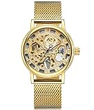 SEWOR Hollow Herren Analog Skeleton Carving Mechanische Handaufzug-Armbanduhr mit Mesh-Armband SEW410 (Gold)