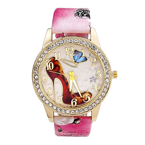 JSDDE Uhren,Oktoberfest Vintage Damen Strass Armbanduhr Falter Schuhe mit hohem Absatz Muster Analog Quarzuhr,Rosa