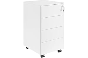 ‎LVSTEEL LVSTEEL Rollcontainer mit Schubladen, Mobiler Aktenschrank unter Schreibtisch, Abschließbarer Büroschrank, Druckertisch, 4 Schubladen 4 Schlüssel, Vormontiert, Büro, Homeoffice, Weiß