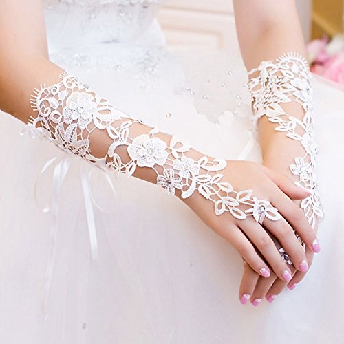 Musuntas Weisse Blumen Brauthandschuhe Fingerlose Satin Perlen Hochzeit Prom-two style