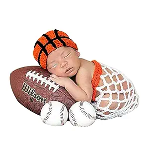Infant Basketball Photography Props Crochet Costume Outfits Orange Hat+White Basket Photo Shoot Props for 3-6 Months Newborn Baby Boy Girl