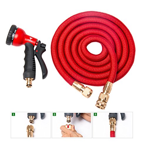 VOOKI Gartenschlauch mit 8-in-1 Brause 7m-30m Flexibel Dehnbar Wasserschlauch für Gartenarbeit Bewässerung Camping Reinigung, Dreifach-Latex-schlauch & massivem Messing Schnittstelle – (Rot 30m) - 7