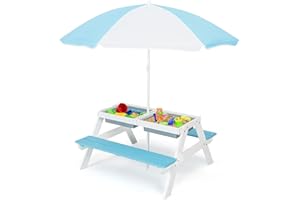 GENERIC INFANS Kids Picnic Table, 4 in 1 Outdoor Toddler Wooden Sand and Water Table w/Foldable Height Adjustable Umbrella Detachable Tabletop 2 Removable Play Boxes for Backyard Garden Lawn