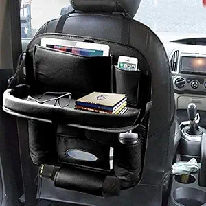 CAR-DEC Universal PU Leather Car Seat Back Organizer with Foldable Dining Table Tray, Multipocket Storage Tablet, Bottle and Tissue Paper Holder (BLK Colour)