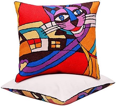 Hand Embroidered Wool Square Throw Pillow Case, Various Desings (Multi Cat)