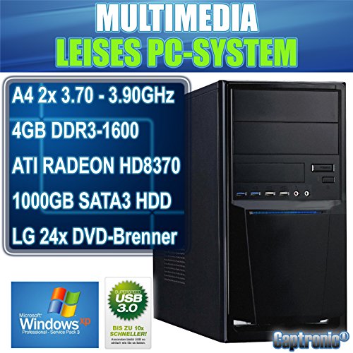 Captronic® (A4-6300-4GB-HD8370D-1TB-WinXP Pro) Windows XP Professional SP3 | DualCore Silent PC Front USB 3.0 AMD A4-6300 2x 3,70GHz (Turbo bis 3900MHz) | KINGSTON 4GB DDR3-1600 | 24x DVD-Brenner | 1000GB HDD SATA3 | ATI Radeon HD 8370 2GB HDMI/DVI/VGA | CardReader | 7.1 Sound | GigabitLAN | Design Gehäuse Schwarz - 2