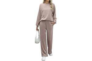 REORIA Damen Baumwolle Rundhals Jogginganzug Langärmliges Oberteil und weite Hose Zweiteiler Trainingsanzug Hausanzug Sport Set Lounge Set