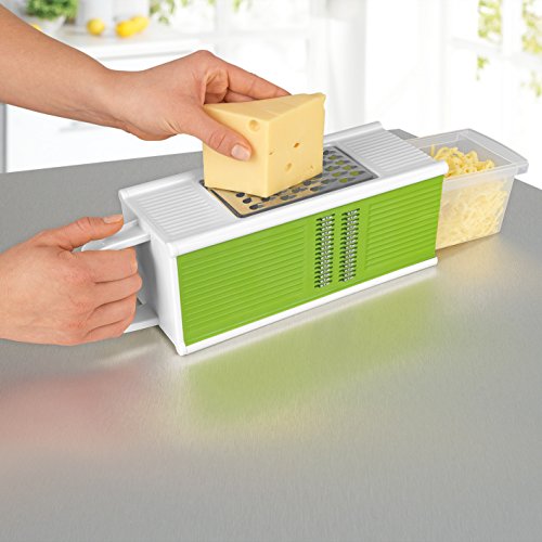 Vierkantreibe – Hochwertige Würfelreibe mit praktischer Auffangschale + Sparschäler und Schutzgriff ( 4 Seiten mit unterschiedlichen Klingen & Hobel ) - 6