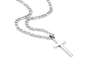 OUMI Cross Necklace for Men Women- Stainless Steel Pendant with 3:1 Figaro Chain -Silver 4/5/6 mm Width