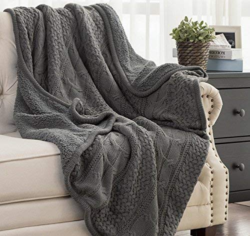 Harmony Home Knitted Throw Blanket With Teddy Sherpa Back 130cm x 150cm Grey