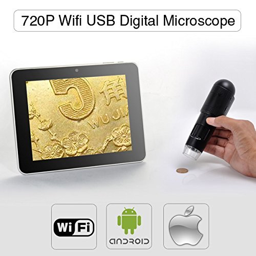 Express Panda 720P HD Wifi Digital Microscope for iOS/Android/PC, Measurement on PC, Adjustable Focus and Magnifications (up to 200x), Battery Powered, Professional Detector Stage