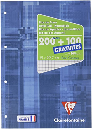 Clairefontaine 65816C - Un bloc de cours encollé grand côté 300 pages (200 + 100 gratuites) 90g petits carreaux, Couverture carte