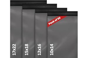 LIVERPOOL ENTERPRISES LTD 60 Mixed Grey Parcel Bags – Tamper-Proof Self-Seal Mailing & Postage Bag for Shipping, Packaging & Delivery – 4 Assorted Sizes 15 of Each (XS to Large)