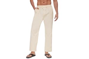 Yutdeng Lniane spodnie męskie, długie spodnie rekreacyjne, lekkie spodnie letnie, elastyczna talia, spodnie plażowe ze ściągaczem, kieszenie, jednokolorowe, do biegania, luźne, bawełniane, na urlop,