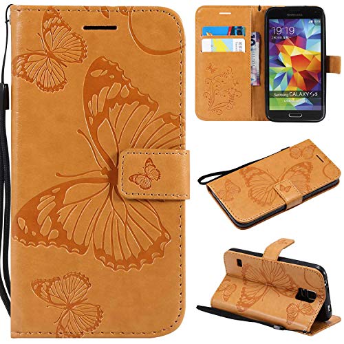 Preisvergleich Produktbild Galaxy S5 Hülle, Conber Lederhülle Handyhülle mit [Kostenlose Schutzfolie], PU Tasche Leder Flip Case Cover Emboss 10D Schmetterling Schutzhülle für SamsungGalaxy S5 - Gelb