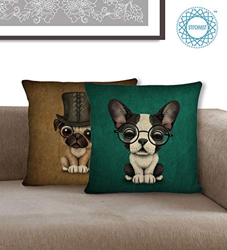 STITCHNEST Unique Cute French Bulldog and Pug Puppy with Monacle, Digital Print Jute Cushion Cover with Filler for Home Decor (16 X 16 inches) -Set of 2