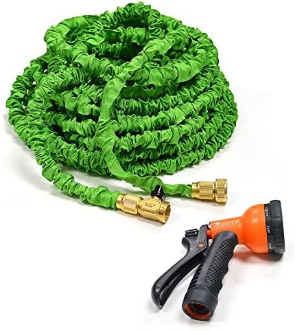 Green 100FT Flexible Garden Water Hose with Durable Latex Expandable Kink-free Hose pipe and Fits Common Style Solid Brass Hose fittings and Professional Spray Gun Tap to Pressure Washer Suitable