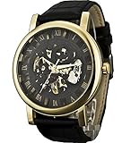 Sewor Crusader Mens mechanische Hand Wind Skelett transparente Armbanduhr mit Gold Case (Schwarz)