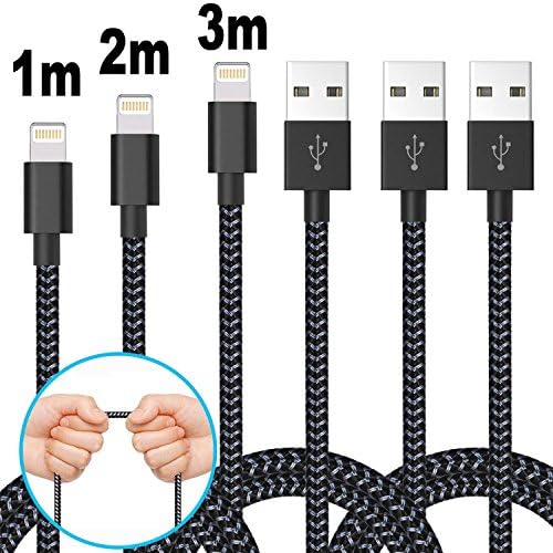 iPhone Cable SGIN 3-PACK 1m / 2m / 3m Nylon Braided Lightning to USB Charger - Syncing and Charging Cord for Apple iPhone 7, 7 Plus, 6s, 6s+, 6, SE, 5s, 5c, 5, iPad Mini, Air, iPod