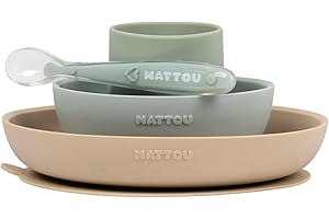 Nattou Set Repas en Silicone pour Enfants, 4 Pièces, 1 Cuillère, 1 Gobelet, 1 Assiette, 1 Bol, Antidérapant, Sans BPA, Silicone, Vert/Beige