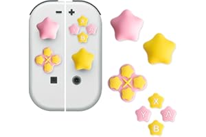 PERFECTSIGHT Niedliches D-Pad Tastenkappen Silikon Daumengriffe Set, ABXY Tastenknöpfe Aufkleber Joystick Abdeckkappen Kompatibel mit Nintendo Switch/OLED (Rosa + Gelb Stern)