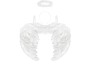Aurasky Alas de Angel Blanco, Diadema Angel, Alas y Halo de Ángel, Disfraz Angel Niña, Alas Blancas para Niños Adultos Mascarada Halloween Carnaval Cosplay Fiesta