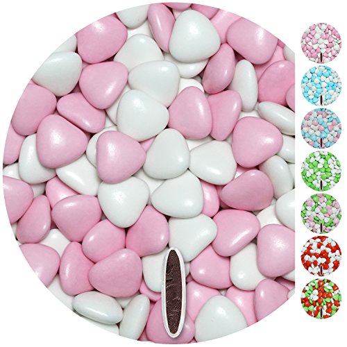 Schokoherzen MIX 1kg ca. 555 St. weiß-rosa glanz med. EinsSein® Gastgeschenke Hochzeit schokolade schokolinsen dragees Taufe herz candy bar bonboniere Hochzeitsmandeln Taufmandeln herzdragees