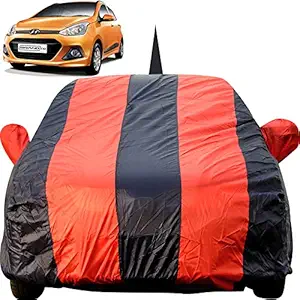 Autofact Car Body Cover for Hyundai Grand I10 with Mirror and Antenna Pocket (Light Weight, Triple Stitched, Heavy Buckle, Bottom Fully Elastic, Red Stripes with Navy Blue Color )