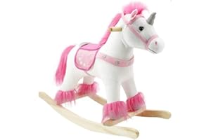 The Rocking Horse Co. - Pink/White Rocking Unicorn - with Horn, Mane & Tail - Plush Finish - Complete with Sounds - On solid wood rockers