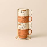 Poomy Porselen 4&rsquo;l&uuml; Kupa Seti, Metal Askılı Standlı Desenli Kahve Kupası Takımı, 200 ML Seramik Fincan Seti, &Ccedil;ay Kahve S&uuml;t ve