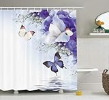 Ambesonne Butterflies Decoration Collection, Butterflies Sailing on Sea with Major Colorful Iris Flowers Fairy Magical Home Decor, Polyester Fabric Bathroom Shower Curtain Set with Hooks, Multi