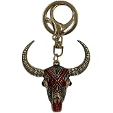 Vintage Style Boho Decorative Metal Bull Head Keychain, Red and Gold Color, Crystal Stone
