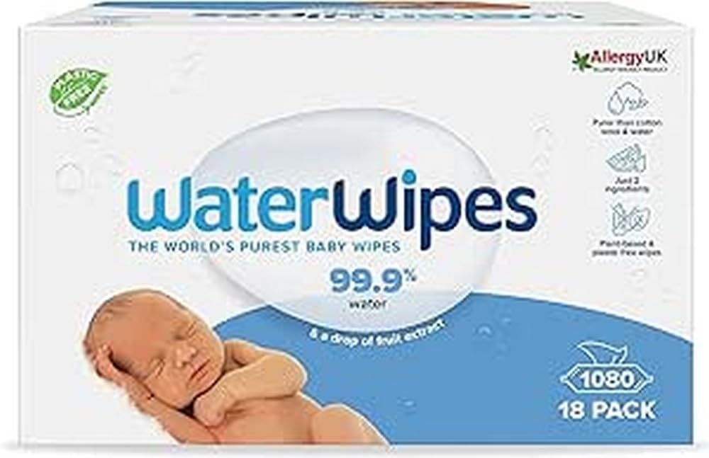 WaterWipes Lot de 1080 lingettes pour bébés biodégradables d'origine à base d'eau et non parfumées pour les peaux sensibles, 18 paquets