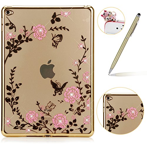Felfy iPad Air 2 Hülle,iPad 6 Schutzhülle,iPad Air 2 Case,iPad 6 Silikon Cover Ultradünnen Kristallklar Durchsichtig Malerei Schmetterling Blumen Rebe Muster Glänzend Glitzer Kristall Strass Diamanten Transparent TPU Silikon Schutz Handy Hülle Case Tasche Silikon Crystal Case Durchsichtig Schutzhülle Etui Bumper für iPad Air 2/iPad 6 (Tyrant Gold) +1x Gold Stylus + 1x Katze Dust Plug