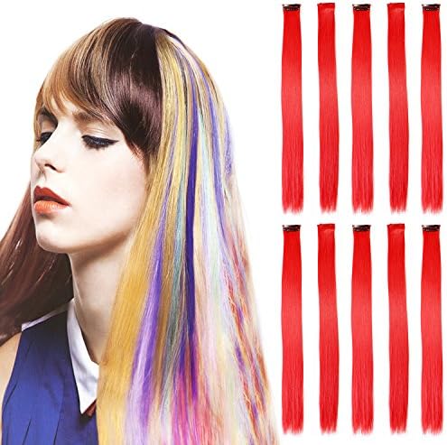 10Pcs 20'' Clip in Synthetic Hair Extensions Straight Colored Highlight (Red)