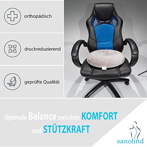 Hilfe bei akuten Sitzbeschwerden! Orthopädischer Sitzring bei Rücken- / Steißbein- und Hämorrhoidenschmerzen. Schmerzlindernd durch ringförmige Öffnung in der Mitte. Sanolind® Markenqualität. (Grau) - 4