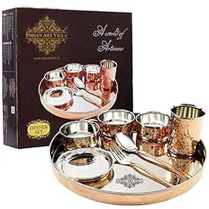 Indian Art Villa Stainless Steel and Copper Traditional Kitchen Dinner (Multicolour) - Set of 8 Pieces