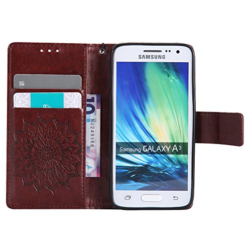 Nancen Tasche Hülle für,Samsung Galaxy A3(2015) Hülle,Samsung Galaxy A3(2015) / SM-A300F (4,5 Zoll) Leder Wallet Tasche Brieftasche Schutzhülle, Nancen Prägung Sonnenblume Muster PU Leder Handytasche im Bookstyle Stand Funktion Kartenfächer Magnet Etui Schale - 4