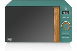 ‎SWAN Swan Nordic Digital Mikrowelle 20L, 6 Betriebsstufen, 800W Leistung, Timer 30 min, Easy Clean, Auftaumodus, Modernes Design, Griff in Holzoptik, Matt Grün