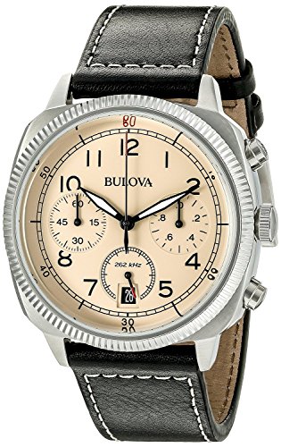 Bulova Military Men's Quartz Watch with Beige Dial Analogue Display and Black Leather Strap