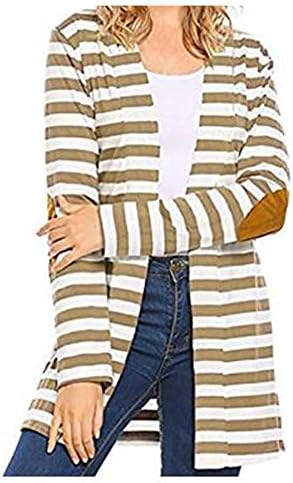 Kaking Women's Black White Elbow Patch Shawl Collar Thick Striped Open Front Cardigan Sweaters Coat Outwear
