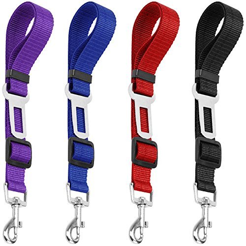 Preisvergleich Produktbild YuCool Sicherheitsgurt für Hunde und Katzen, Sicherheitsgeschirr, Haltgurt für den Autositz, verstellbar, Nylon, Schwarz, Blau, Rot, Violett, 4 Stück