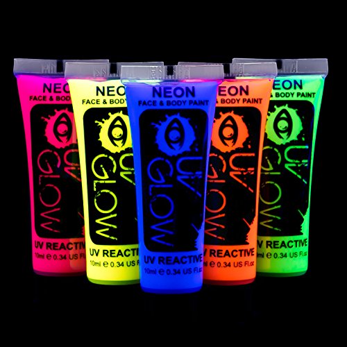 UV Glow Neon Face and Body Paint 10ml - Set of 5 Tubes - Fluorescent