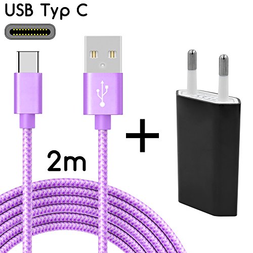 TheSmartGuard USB-C LadegerÃ¤t / 2in1 Ladeset / USB-Typ-C Ladekabel mit Netzteil / Netzstecker fÃ¼r S9, S9+, S8, A8, A8+, Note 8, Sony XZ, XA1, XZ1, HTC 10, U11, Huawei P10 und viele mehr | Nylon | Lila | 2 Meter / 2m